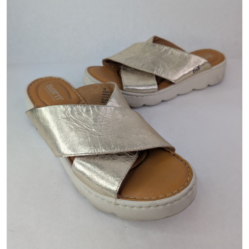 Born Slip-on Gold Crackle Leather Slide Sandals Boho Casual Size 9